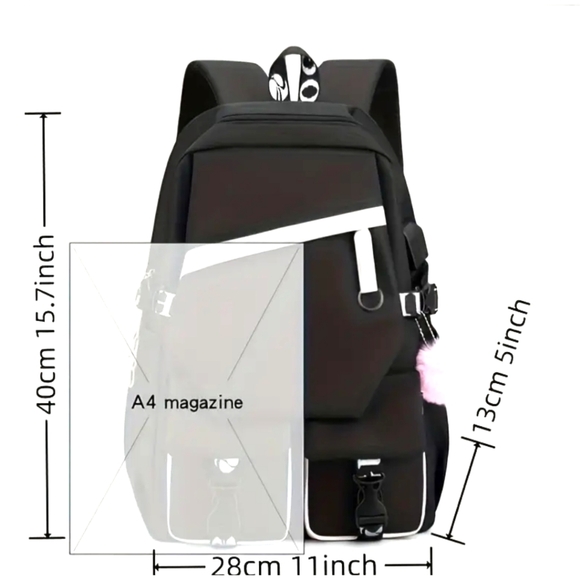 HELLO KITTY Limited Edition Large Black Backpack With Pink Pom Pom Keychain - Picture 5 of 7